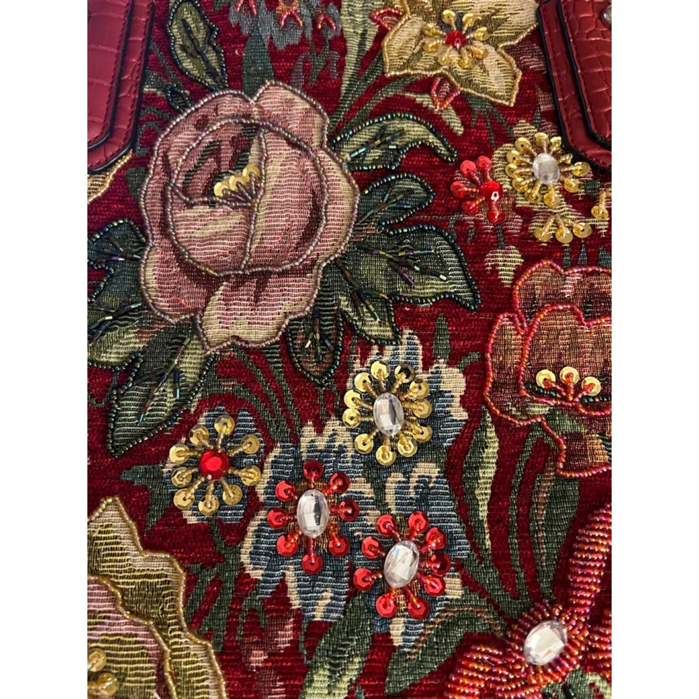NWT Mellow World Satchel Red Black Floral Beaded Bag